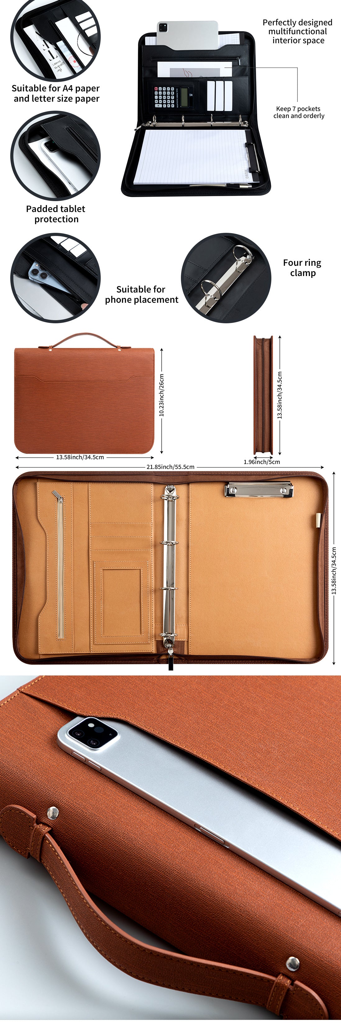 Professional PU Leather A4 Portfolio Binder with Zipper, Handle, Calculator & Clipboard(black)