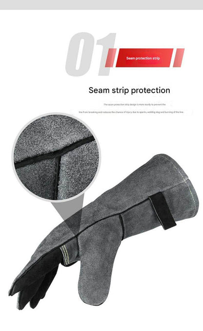 Heavy-Duty Leather Heat Resistant Gloves - 500°C BBQ, Welding & Oven Mitts with Long Cuffs(black and grey)