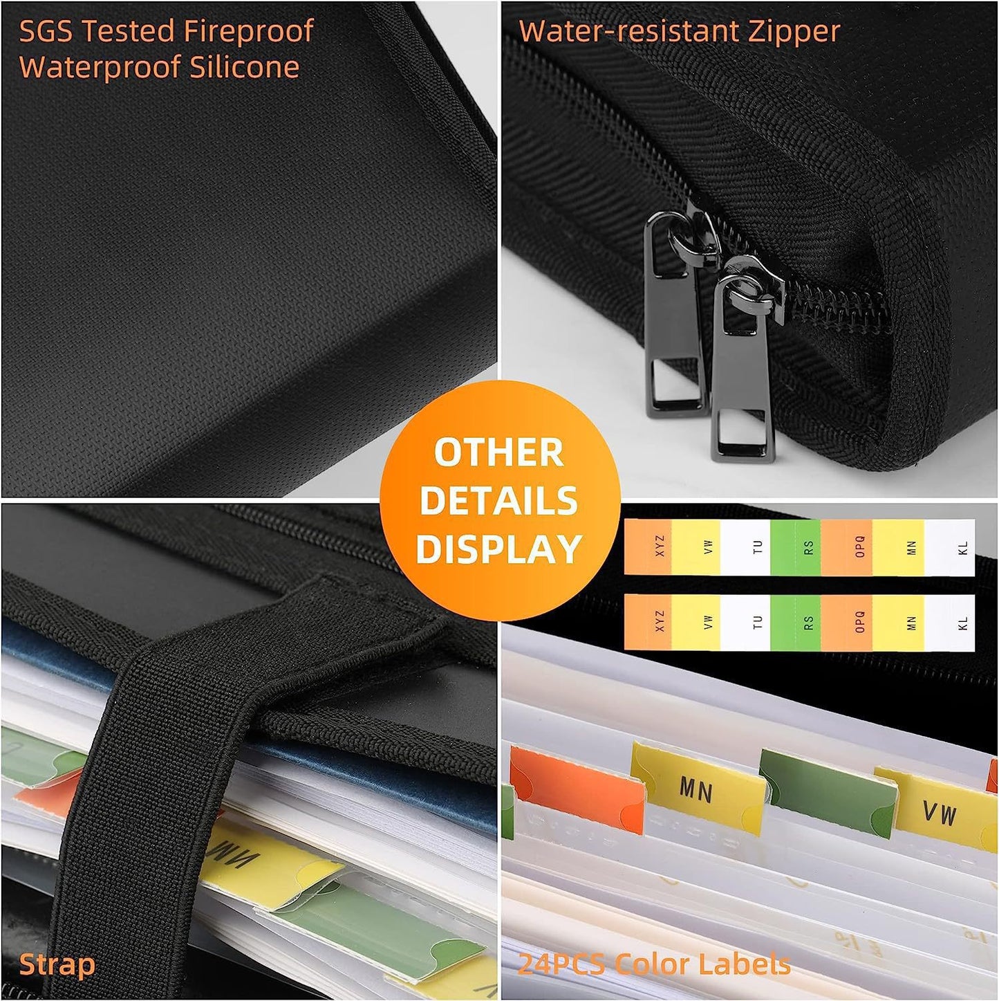 Fireproof & Waterproof Expanding File Folder Organizer with Zipper - Large Capacity Document Safe Bag(Black no-handle model)