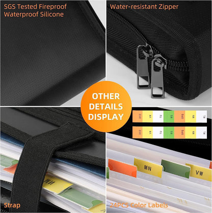 Fireproof & Waterproof Expanding File Folder Organizer with Zipper - Large Capacity Document Safe Bag(Black with handle model)
