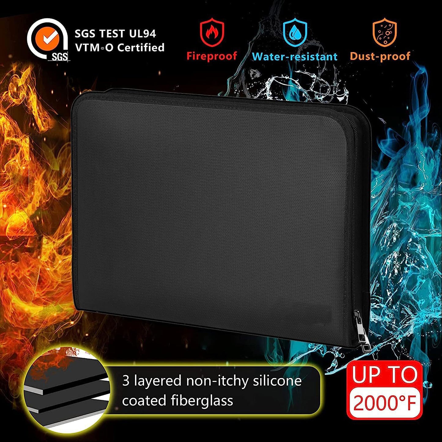 Fireproof & Waterproof Expanding File Folder Organizer with Zipper - Large Capacity Document Safe Bag(Black with handle model)
