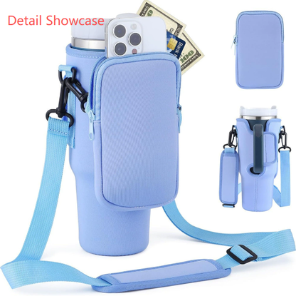 Beige Crossbody Tumbler Carrier with Detachable Wallet Pouch and Adjustable Strap