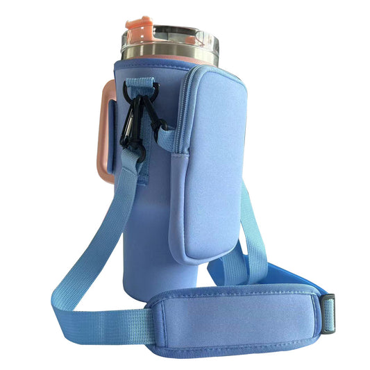 Blue Crossbody Tumbler Carrier with Detachable Wallet Pouch and Adjustable Strap