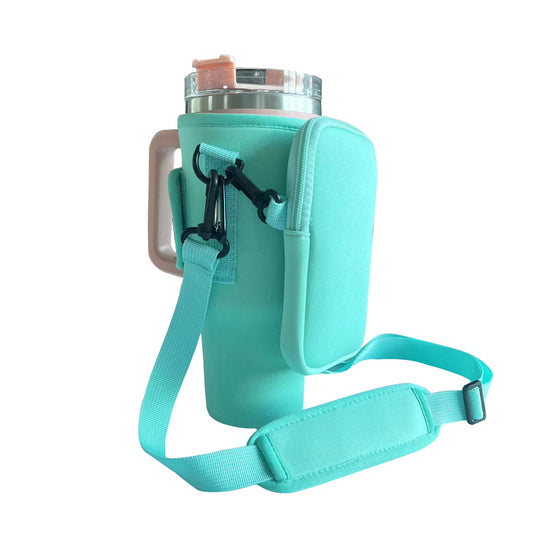 Green Crossbody Tumbler Carrier with Detachable Wallet Pouch and Adjustable Strap