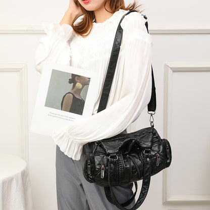 Black Women's Vintage Studded Hobo Bag - Soft Washed Leather Multi-Pocket Shoulder & Crossbody Purse