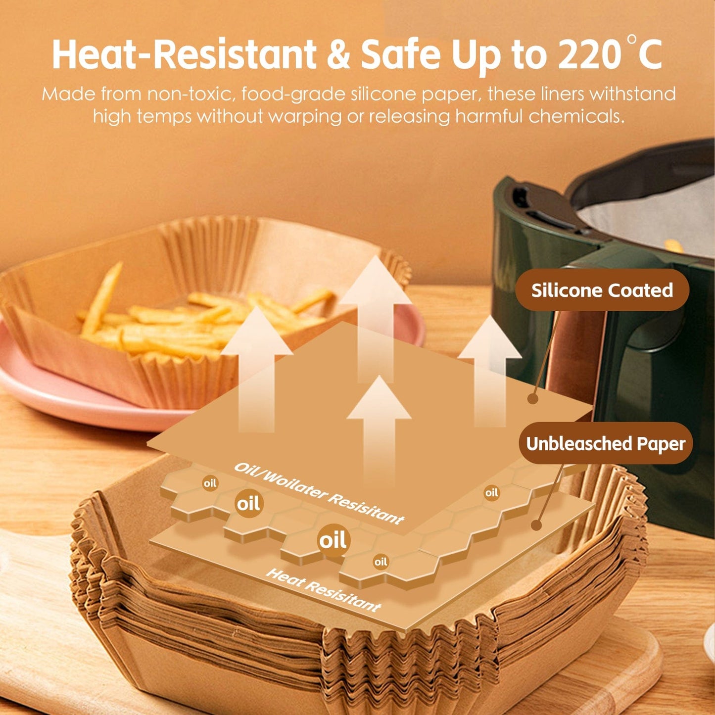 100 Pcs 16.5cm Square Disposable Unbleached Silicone Paper Dish Air-fryer Liner