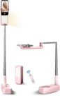 Selfie Stand with 360° Rotates Phone Holder, Foldable/Rechargeable/Wireless/Overhead Recording with 1000mah Battery for Live Stream/Make up/YouTube/Tiktok/Vlog, 7 Brightness LED Light(Pink)