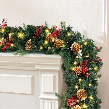 Jingle Jollys 1.8M Christmas Garland Pre-lit LED Pine Cones Berries Xmas Decor